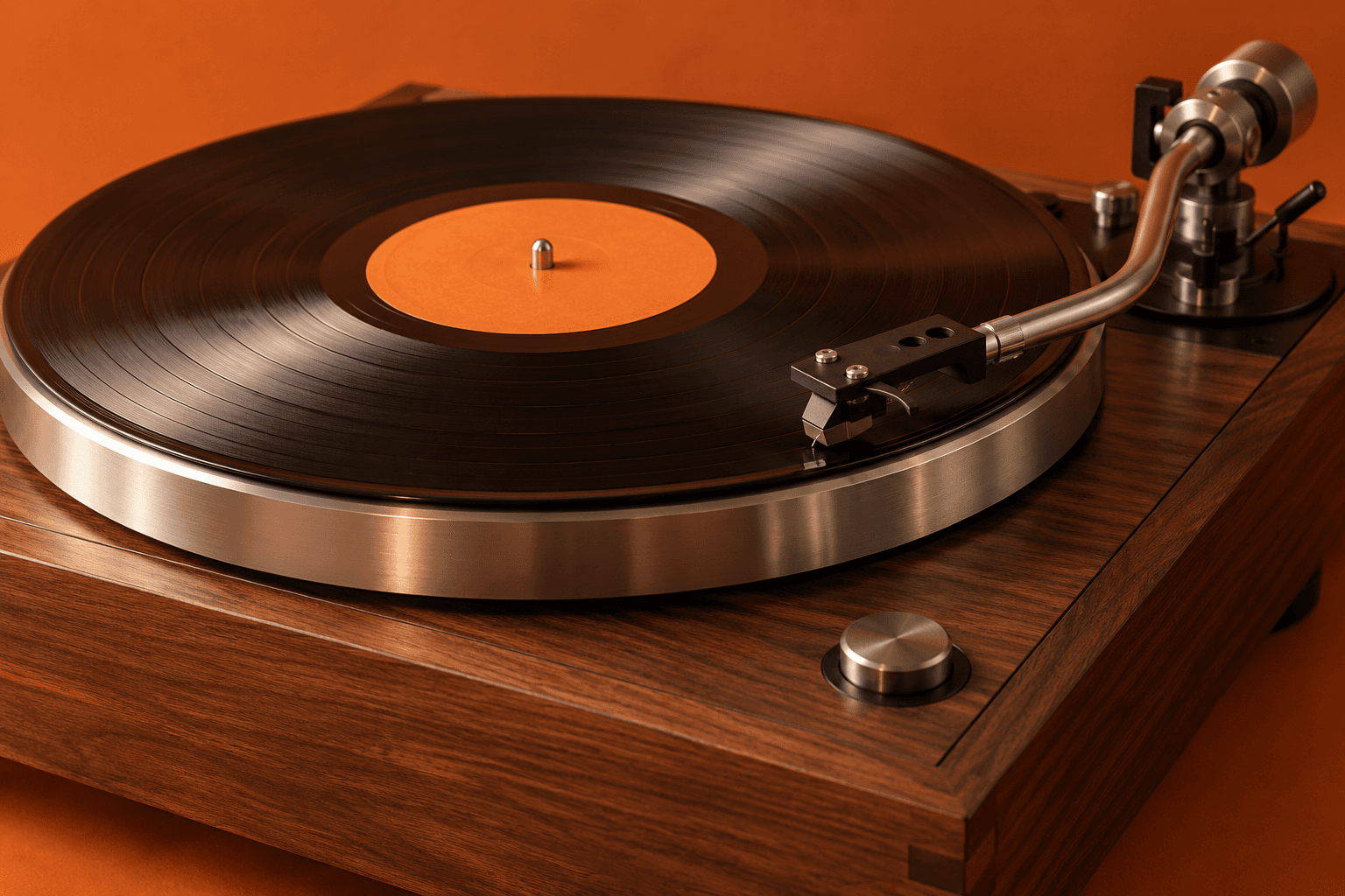 A vintage walnut turntable playing a vinyl record